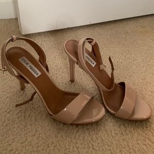Tan patent leather ankle strap heel